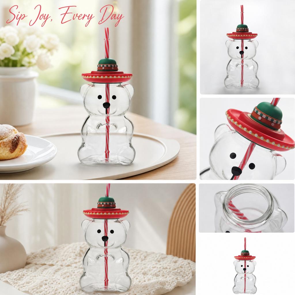 Borosilicate Glass Straw Cup with Lid and Straw, 500ml - Cute Hat-Wearing Bear Design for Coffee, Tea