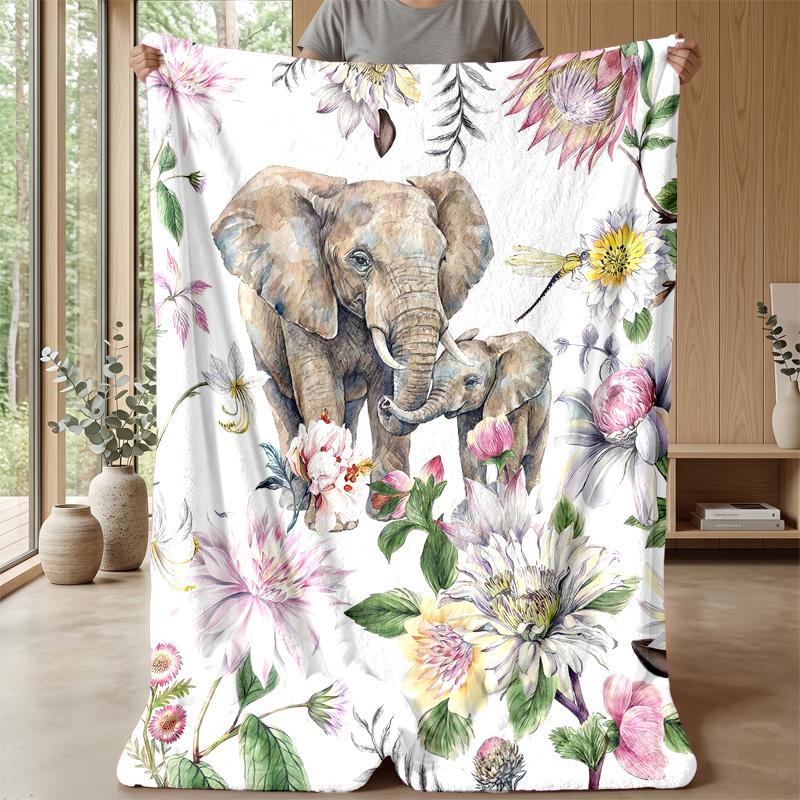 Elephants Among Flowers Theme Blanket Lightweight Warm Flannel Blanket Decorative Throw Blanket for Home Decoration