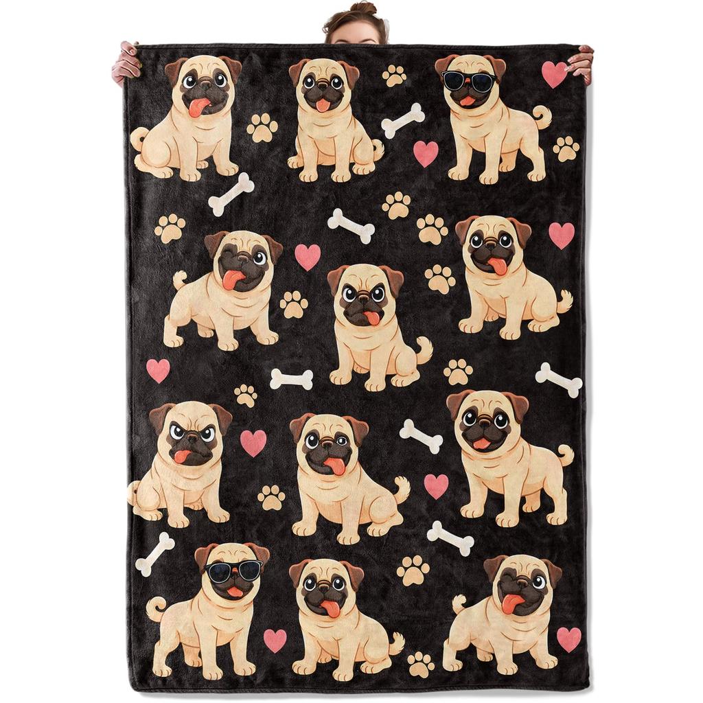 Pug Blanket Cute Pet Puppy Dog Fleece Throw Blanket Soft Lightweight Cozy Plush Flannel Blanket for Sofa Couch Bed Living Room