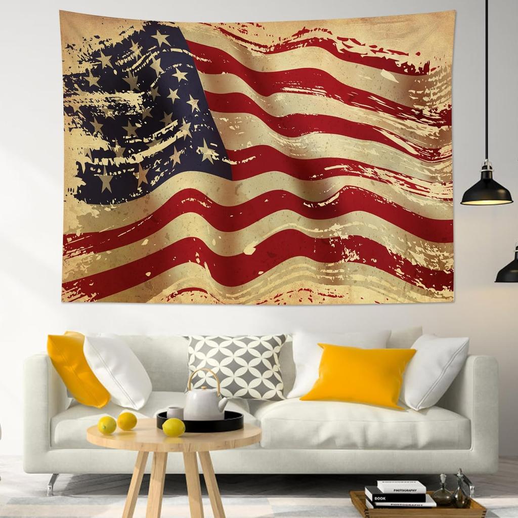 American Flag Tapestry Watercolor Vintage Stars Red Stripes Wall Tapestry Tree Woodland Western Usa Flag Aesthetic Tapestries