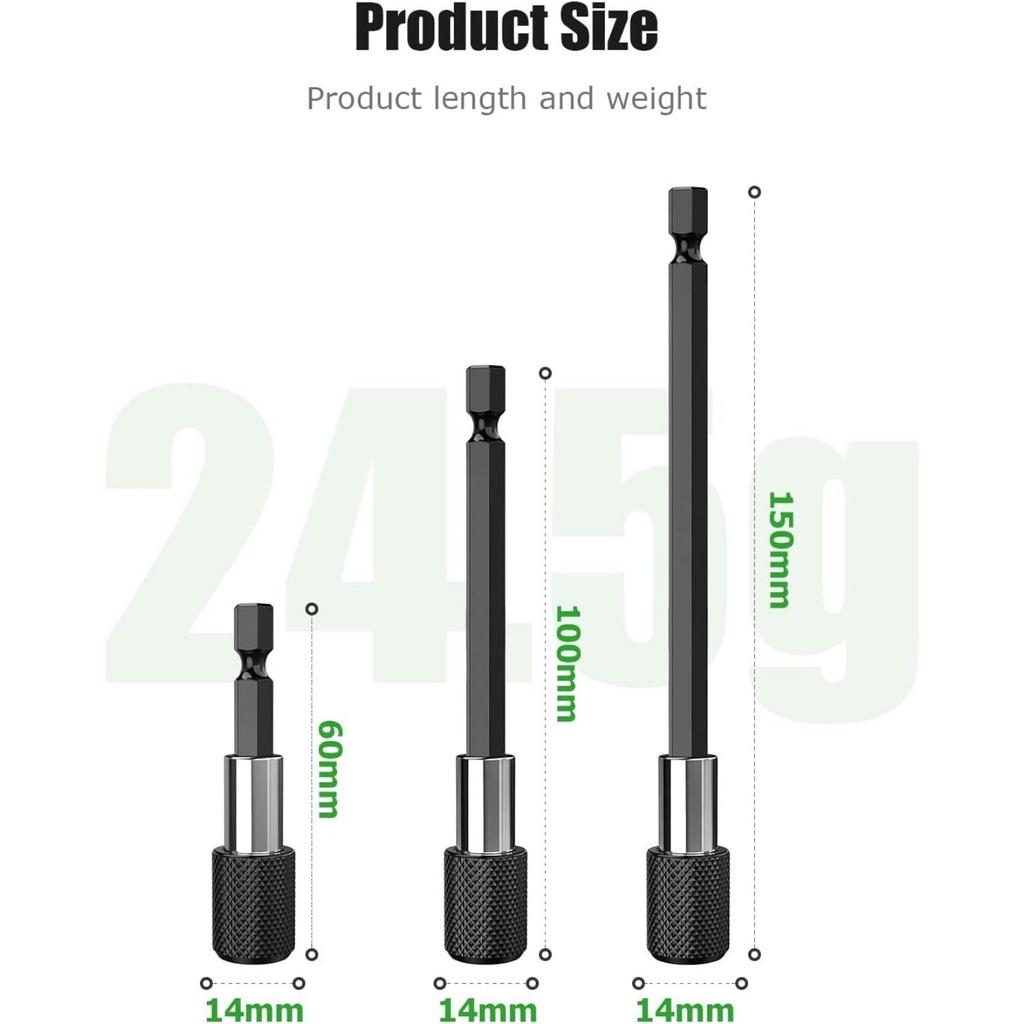 1/4 Inch Hex Shank Quick Release Screwdriver Magnetic Drill Bit Holder with Adjustable Collar Extension Bar 60/100/150mm TMP1105