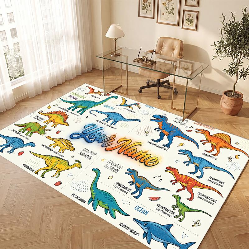 Dinosaur Theme Soft Crystal Velvet Rug Custom Name & Text Print Non Slip Floor Rug for Bedroom Living Room