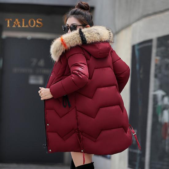 Winter Women Cotton Jacket with Furry Hood Neck Protection Pockets Mid Length Zipper Closure Padded Coat Solid Color Windproof Outwear Parka
