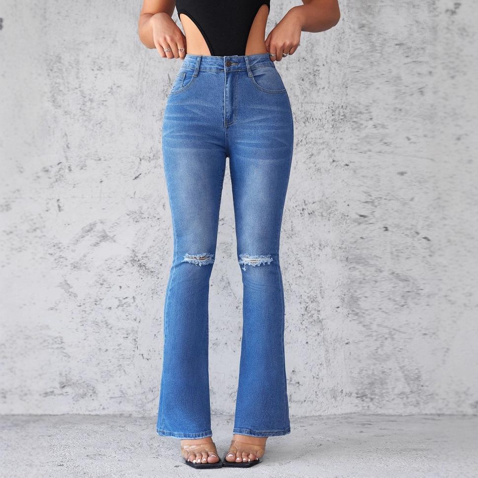 2026 New Women s Ripped Flare Jeans, High Waist Stretch Denim Pants for Spring Summer, Slim Fit Bootcut Jeans with Distressed Details BLUE S синий