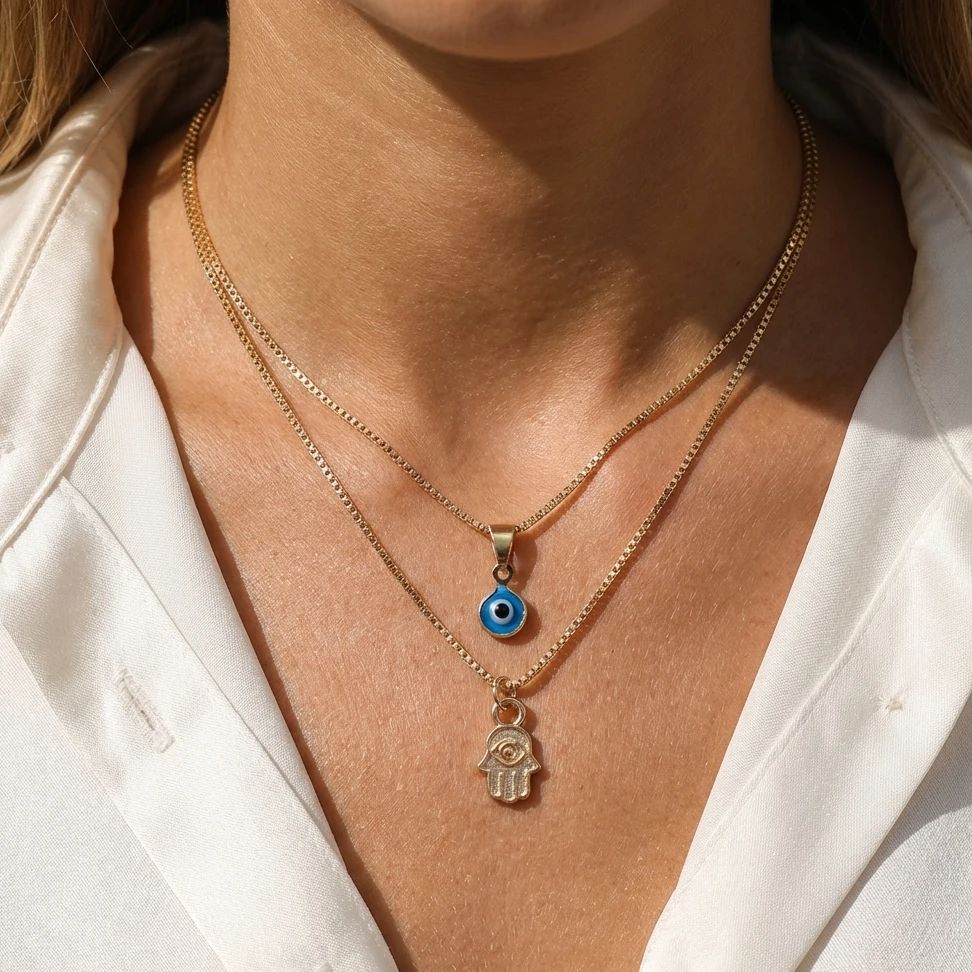 Collana Minimalista a Doppio Strato Occhio Malvagio Mano di Fatima per Donna Ciondolo Occhio Blu Turco Choker Gioiello Amuleto Estetico da Festa