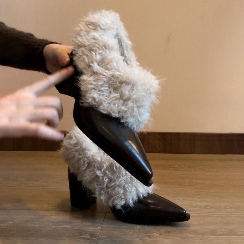 Sheepskin Version~ High-end Pointed Small Leather Shoes Women's Retro One-pedal Fluffy Single Shoes High-heeled Thick Velvet Warm Cotton Shoes