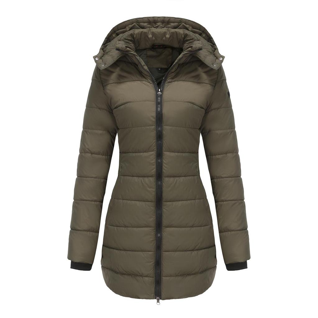 Women’s Hooded Jacket Cotton Padded Light Rain Water Resistant Zipper Closure Windproof Puffer Coats Hidden Side Pockets Winter Long Outwear