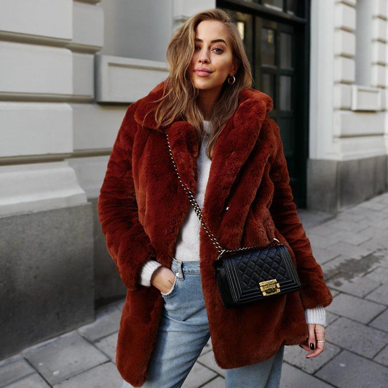 Warme Bontjas Dames Herfst Winter Dikke Omgeslagen Kraag Zakken Losse Dames Overjas Nieuwe Mode Effen Straat Dame Buitenkleding