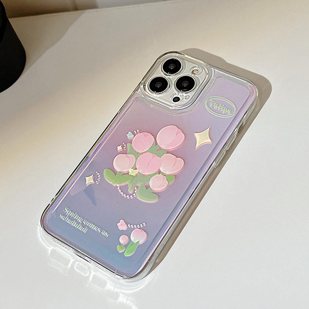 Pink Tulips Suitable for IPhone16 IPhone Case 17pro Max All-inclusive 11 Silicone 15 Laser XR Case