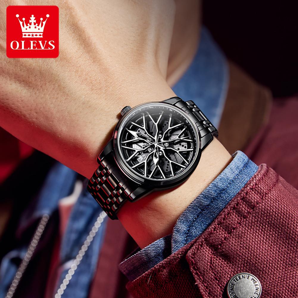 OLEVS Ceas de modă pentru bărbați Jantă roată butuc roată mașină sport Cadran rotativ 360° Ceasuri cu quartz Impermeabil Oțel inoxidabil Ceas de mână pentru bărbați