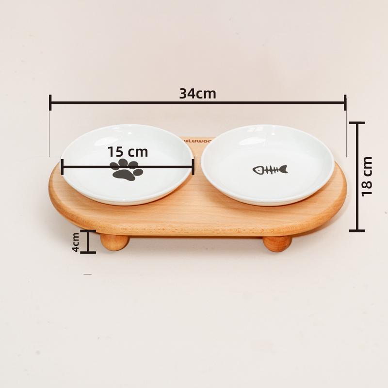 

Ceramic Double Cat Dog Bowl with Wooden Stand Elevated Neck Protection Anti Spill Food Water Dish for Pets Feeding Bowl