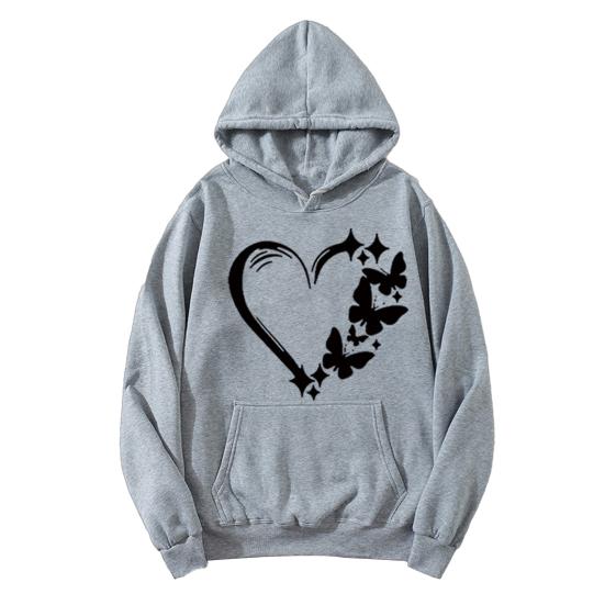 Women's Graphic Hoodie Heart Butterfly Print Drawstring Long Sleeve Pullover Sweatshirt Fall Casual Oversized Hooded Top with Pocket