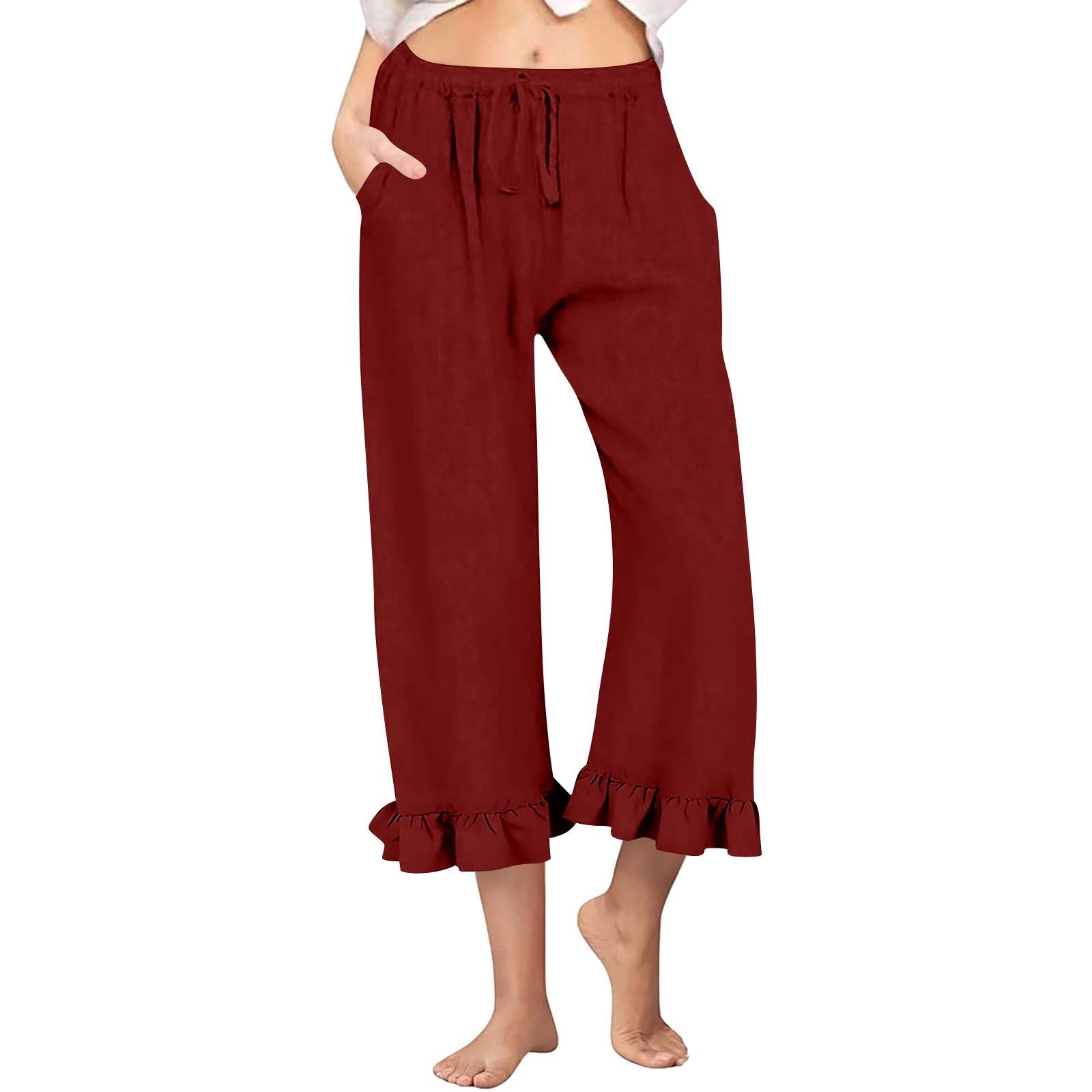 

Women s High Waist Solid Color Casual Trousers Workout Pants 3/4 Pants S винний