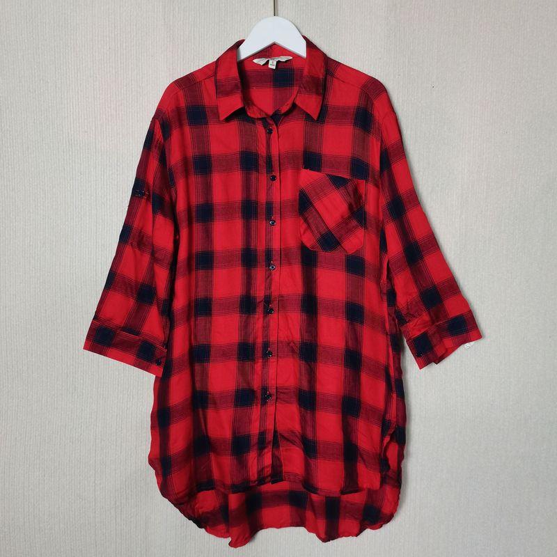 

Export Fashion Original Order Front Short Back Length Stripes Patchwork Long Sleeves Shirt Female Mid Length Long Length Plus Size Literary Fan Chun Red and blue Gingham seven-point sleeve S