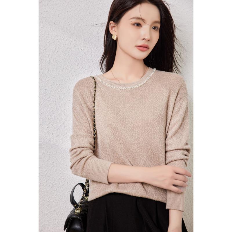 

Женский осенний новый свитер из шерсти с шелком, вязаный свитер с бисером, топ с круглым вырезом, ленивый фасон, свитер-подкладка 120 (110-67.5 kg) верблюд