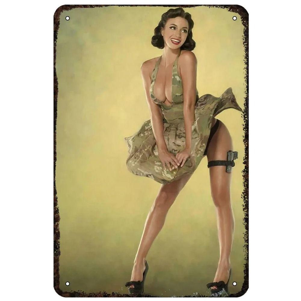Pin-Up Kız Teneke Levhalar, Garaj Atölyesi Metal Dekor 20x30cm