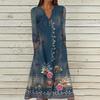 Women's Summer Casual V-Neck Button Vintage Floral Print Three-quarter Sleeve Long Dress With Pockets
