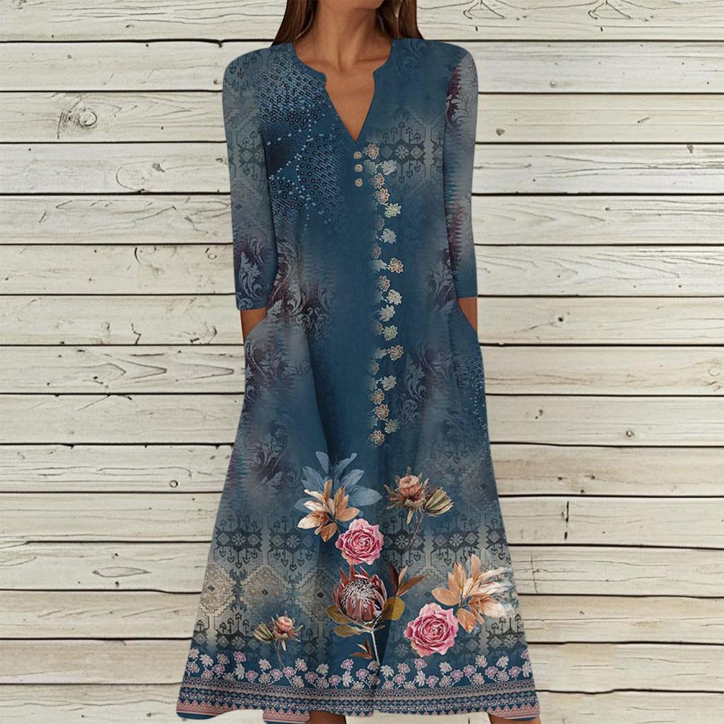 Women's Summer Casual V-Neck Button Vintage Floral Print Three-quarter Sleeve Long Dress With Pockets