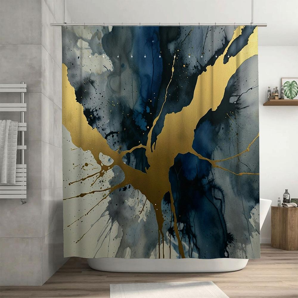 Artistic Blue Gold Shower Curtain Watercolor Decorative Shower Room Liner for Bathroom Waterproof Fabric Home Decoration