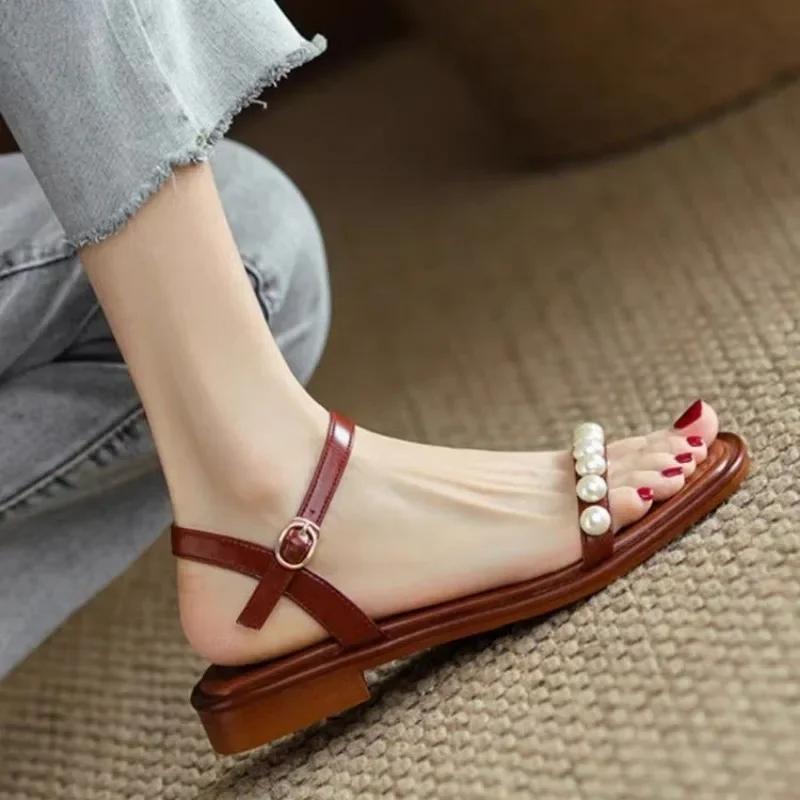 Fashion Women's Sandals 2025 Female Shoes Buckle Strap Fashion Daily Sandals Woman Square Toe Open Toe Low Heel String Bead Shoes Women