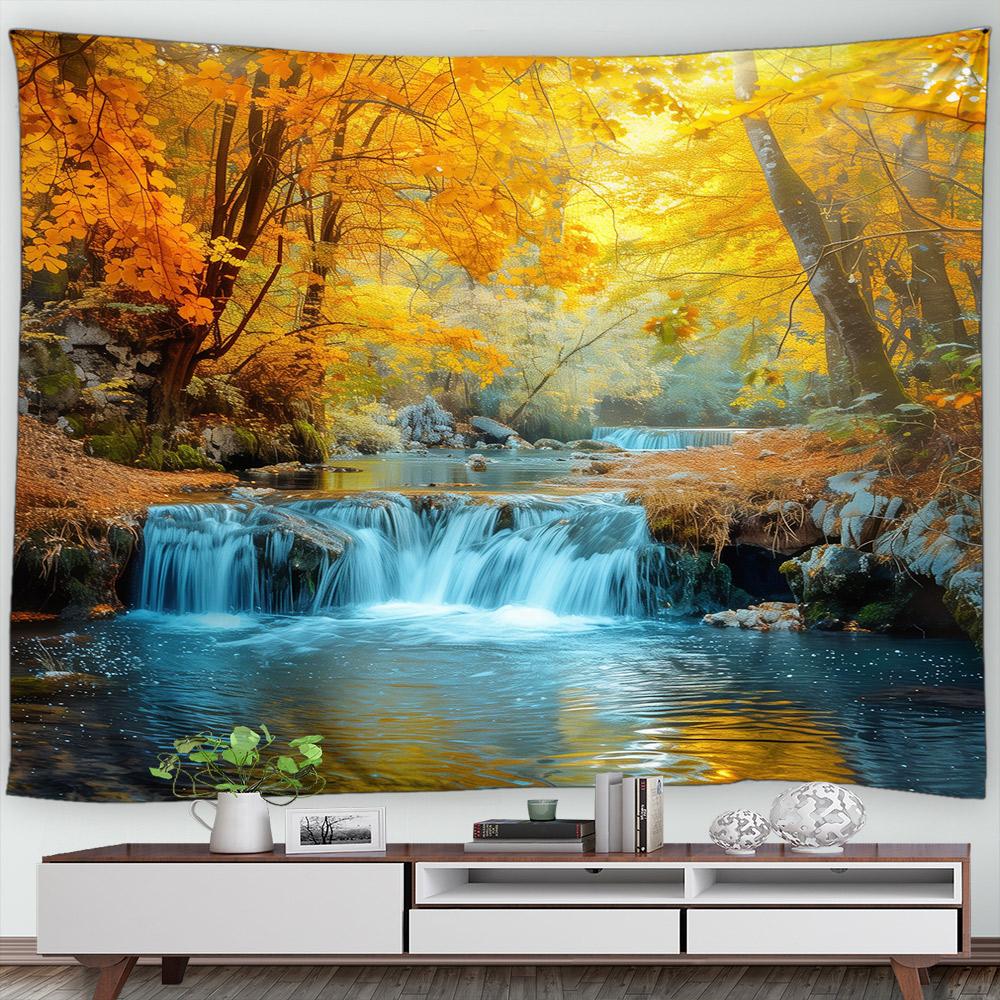 

Autumn Forest Scenery Tapestry Wall Hanging Decor Red Leaves Maple River Fall Nature Landscape Tapestry Indoor Home Decorations W100 x H150 cm