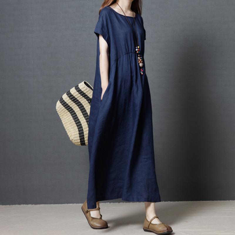 Baumwoll-Leinen-Kleid, kurzärmelig, neue Farbe, Herbst-Temperament, mittellanger bis langer Rock, dünn, beliebte Damenbekleidung, verlängert und vergrößert
