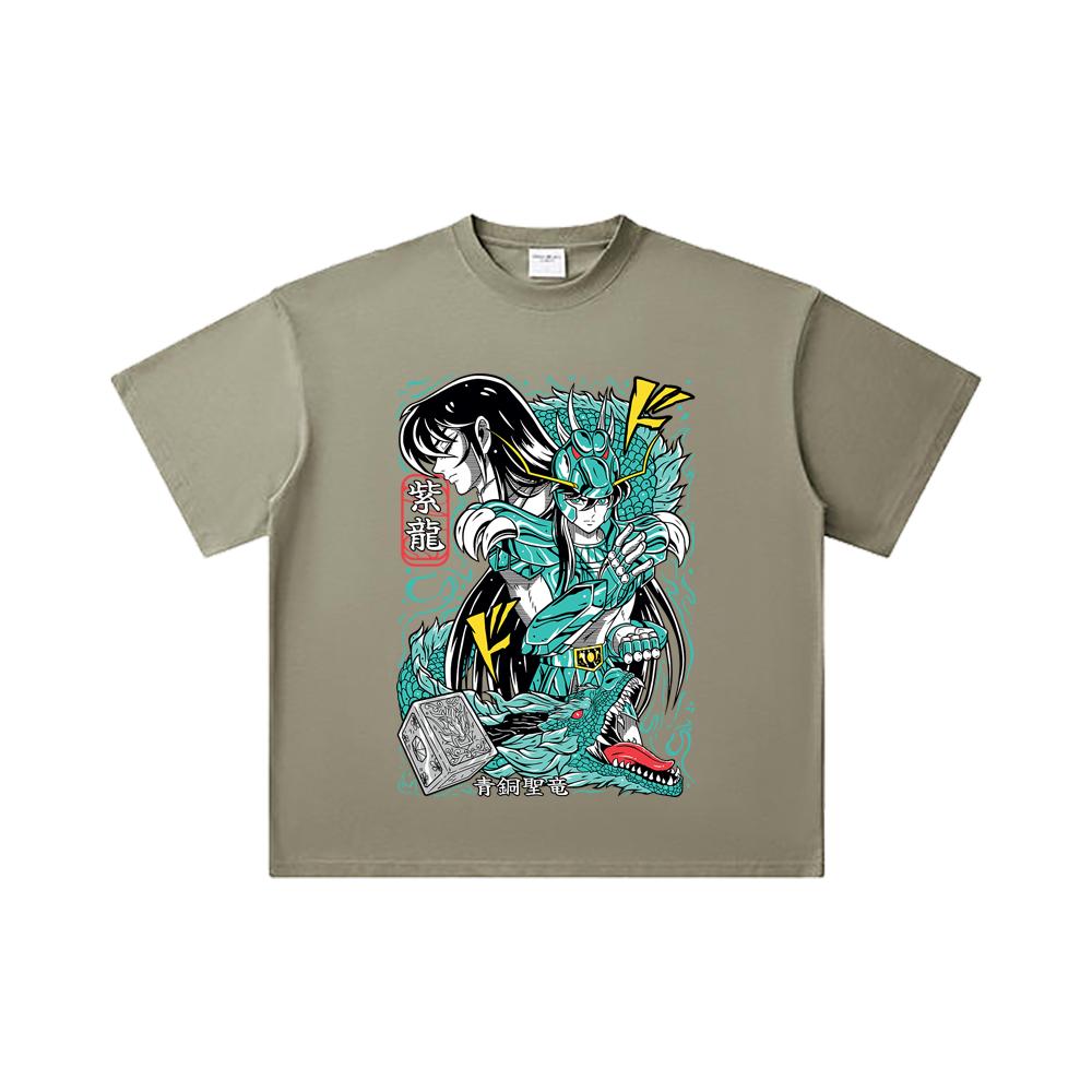260 GSM Double Yarn 32 Count 100% Cotton Saint Seiya V8 Shiryu Print Unisex Heavy Cotton T Shirt