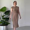 2024 Sommer Damen Einfarbig Rundhals Rüschen Taille Perlen Hüftwickelkleid