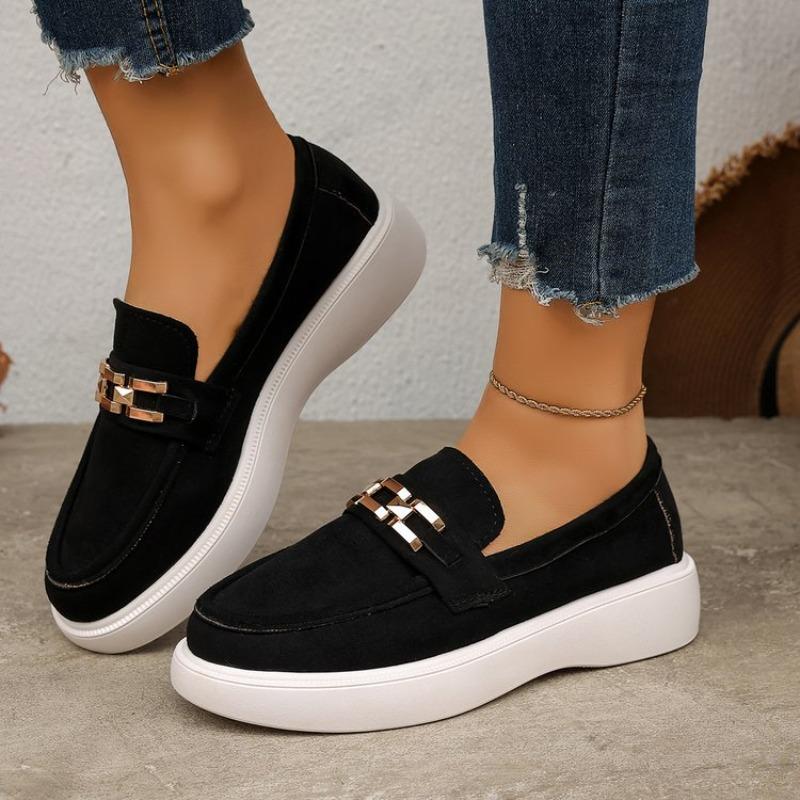 Women's Fashi Faux Suede Loafers Metal Buckle Slip Thick Sole Platform Sneakers Casual Comfort Daily Walking Shoes Lady