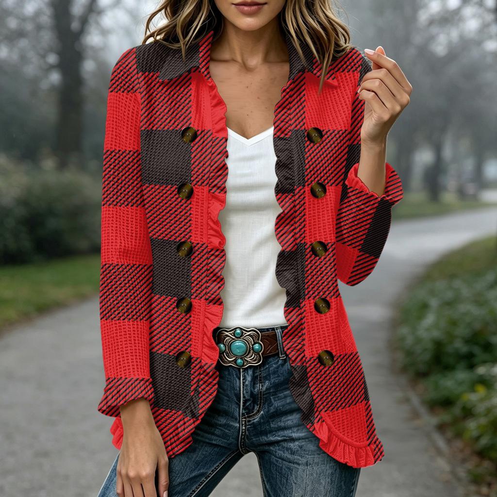 Women's Fashion Plaid Print Long Sleeve Ruffle Open Front Cardigan Outerwear for Everyday Wear