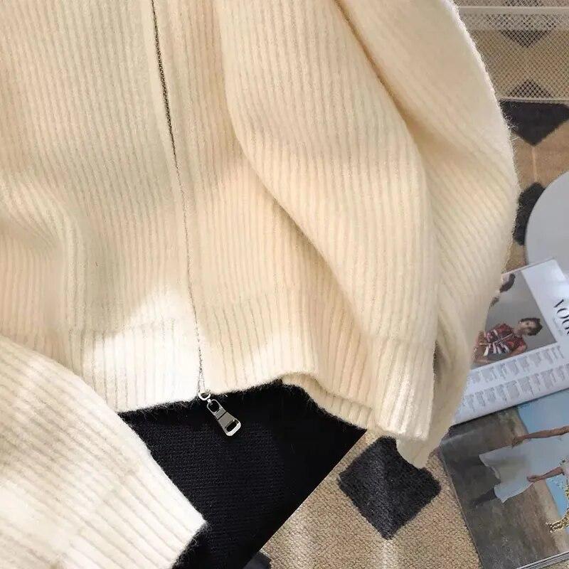 Dunkelgraue Strickjacke mit doppeltem Reißverschluss, kurzes Oberteil, Umlegekragen, Mantel für Damen, schlank, warm, lässig, solide, Pendeln, neue Mode, Frühling und Herbst