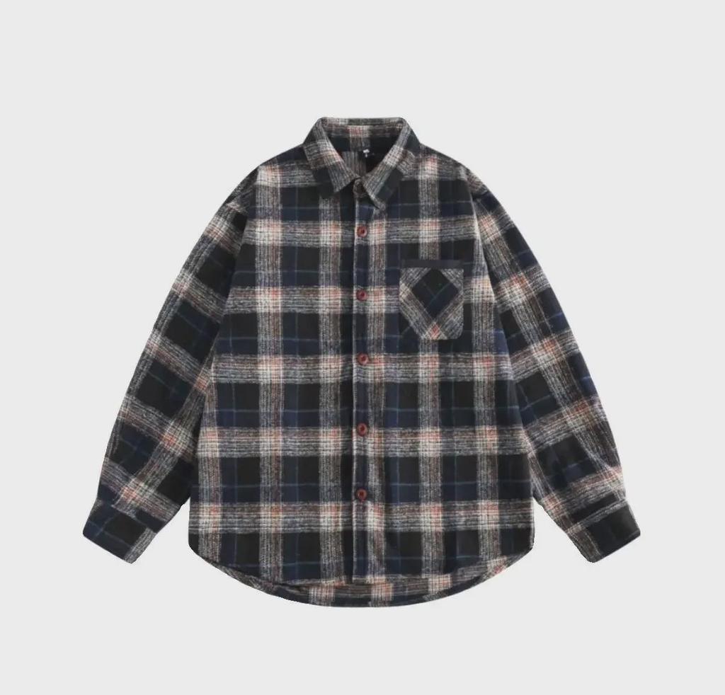 Unisex Japanese Retro Wool Plaid Long-Sleeve Shirt - Autumn/Winter College Style