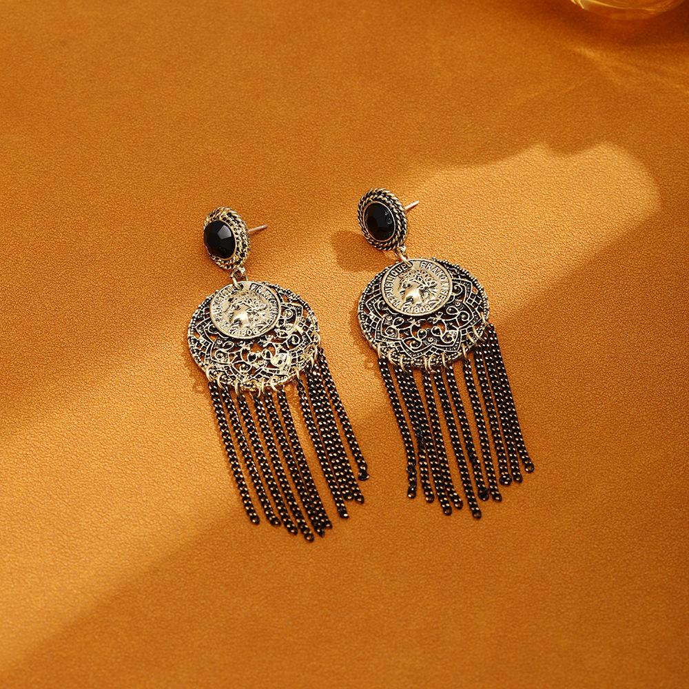 Bohemian Diamond-Encrusted Portrait Fringed Earrings Women'S Retro Light Luxury Earrings, High-End Fashion Personalized Earrings