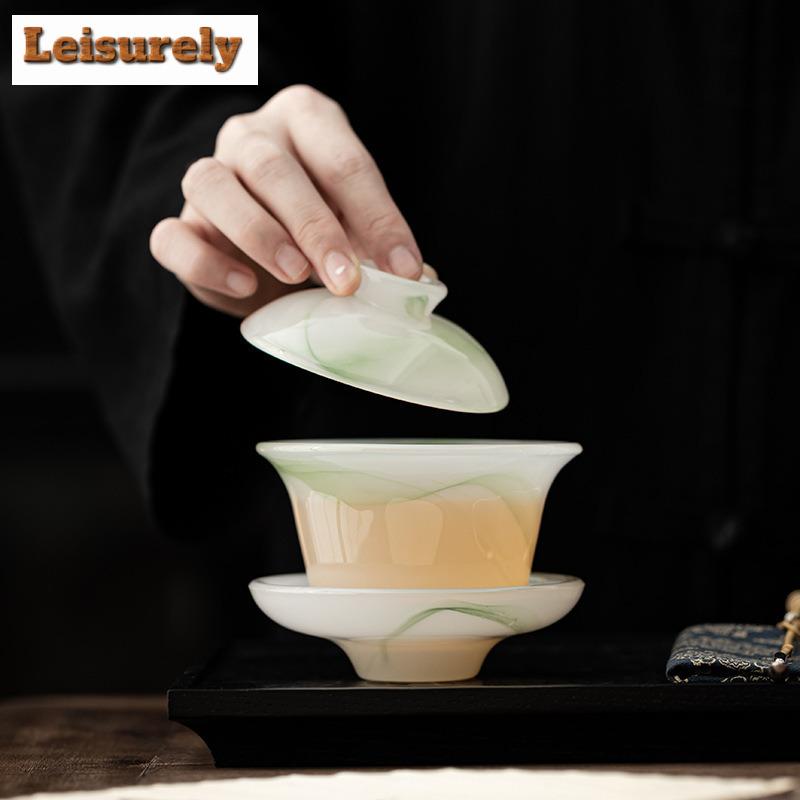 170ML Ancient Method Azure Stone Gaiwan Vintage Three Piece Non Hot Tea Tureen Household Tea Brewing Cover Bowl Drinkware Craft