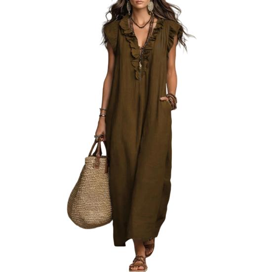 

Summer Sleeveless Maxi Dress for Women Casual Deep V Neck Ruffle Long Dress Boho Beach Flowy Sundress with Pockets XL темно-коричневого