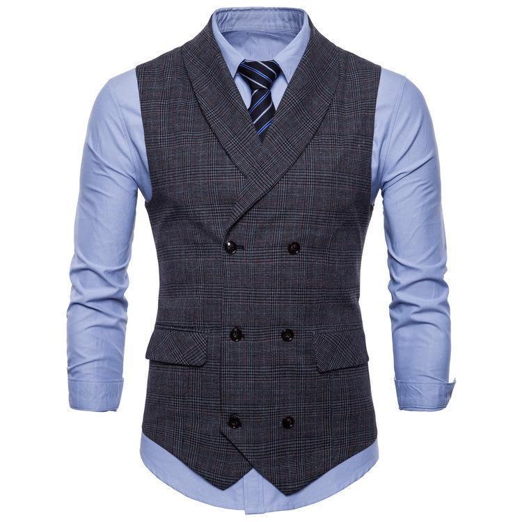 Spring & Autumn Men's Double-Breasted Plaid Suit Vest - Korean Slim Fit