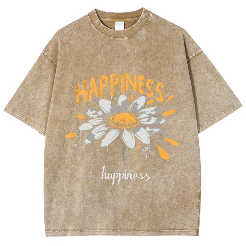 Yellow Cartoon Little Daisy Print Ladies T-Shirt Loose Wash Oversized Short Sleeve American Vintage Street Top Casual Tee