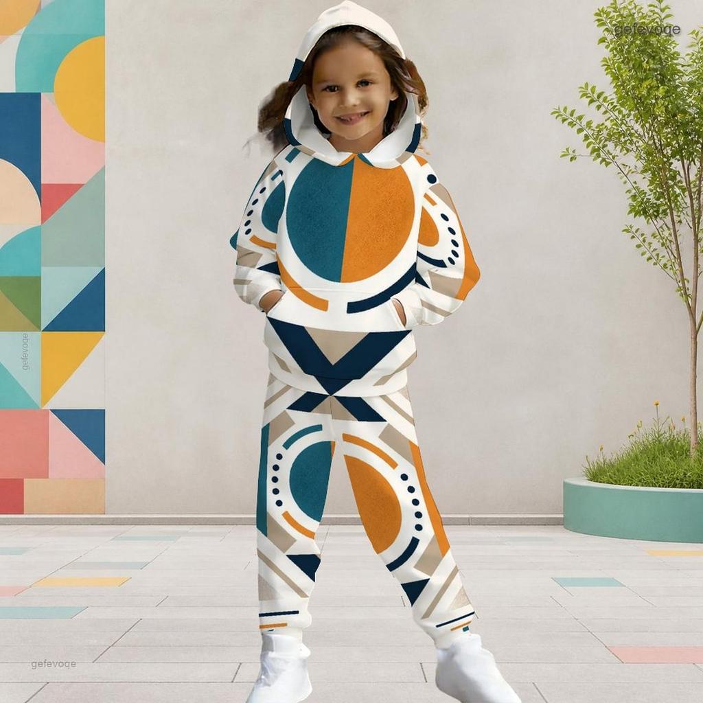 Girls Striped Printed Hooded Long Sleeve Kangaroo Pocket Top Cuffed Pants Two Piece Set