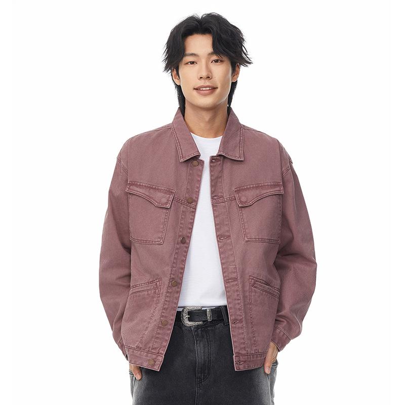 Xintang Men's Retro Washed Multi-Pocket Workwear Jacket with Turn-Down Collar