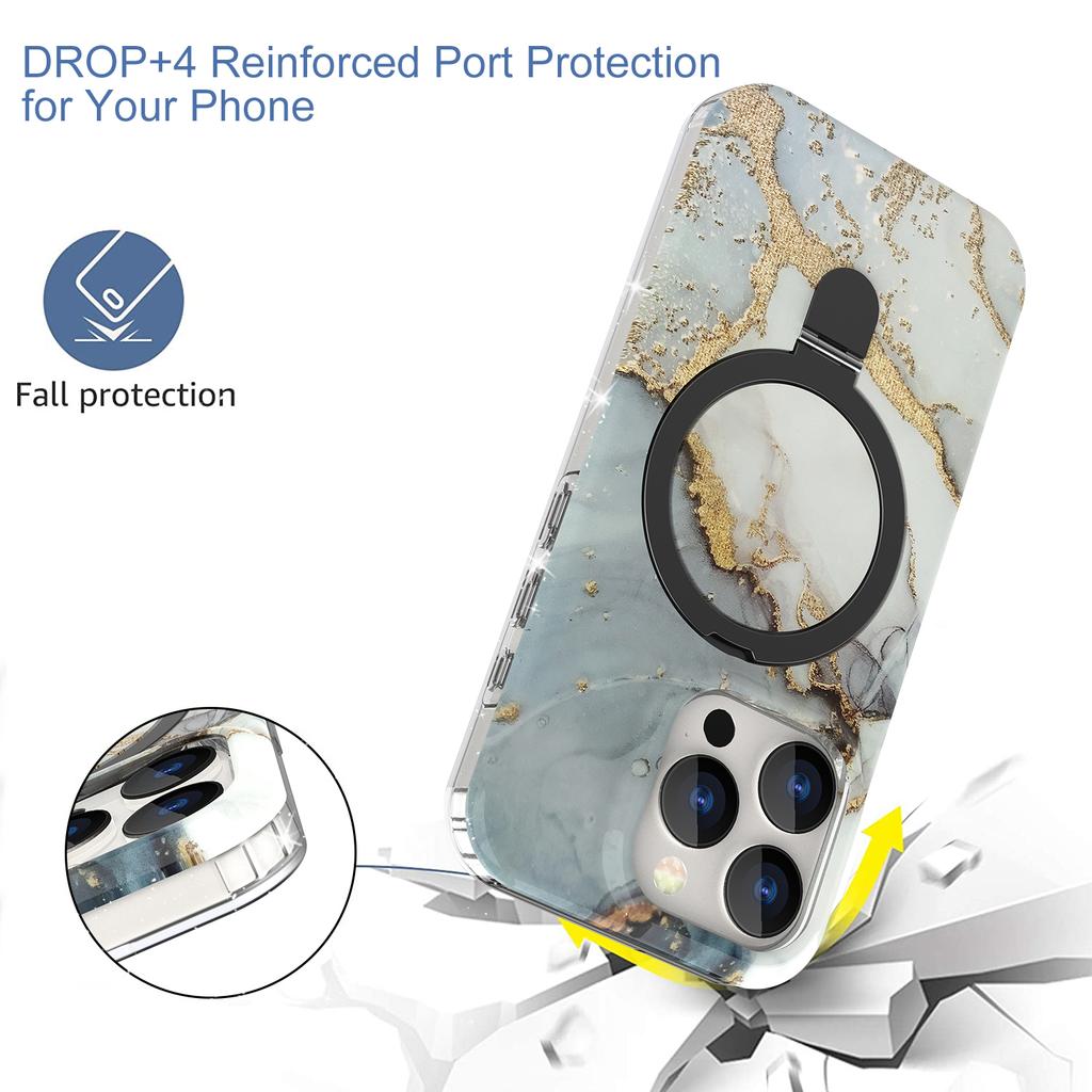 For iPhone 15 Pro Max Kickstand Case Marble Pattern PC+TPU Magnetic Phone Cover