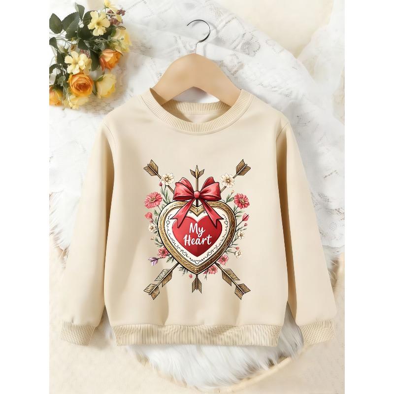 Unisex Kids Crewneck Sweatshirt, My Heart Bow Arrow Floral Vintage Print Pullover, Boys Girls Valentine Casual Sweatshirt For Kids Over 4 Years Old