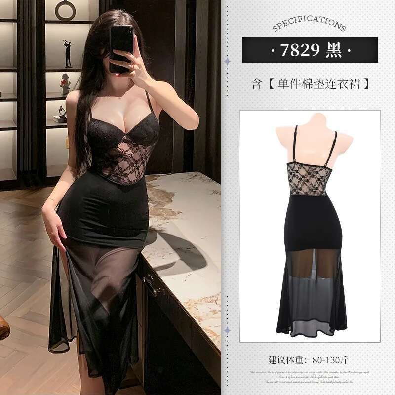 Mesh Lace Black Sweet Sexy Women Sheer Dresses Chest Mat Fish Tail Sleeping Skirt Strap Sexy Uniform Dress Elegant Korean AVN7