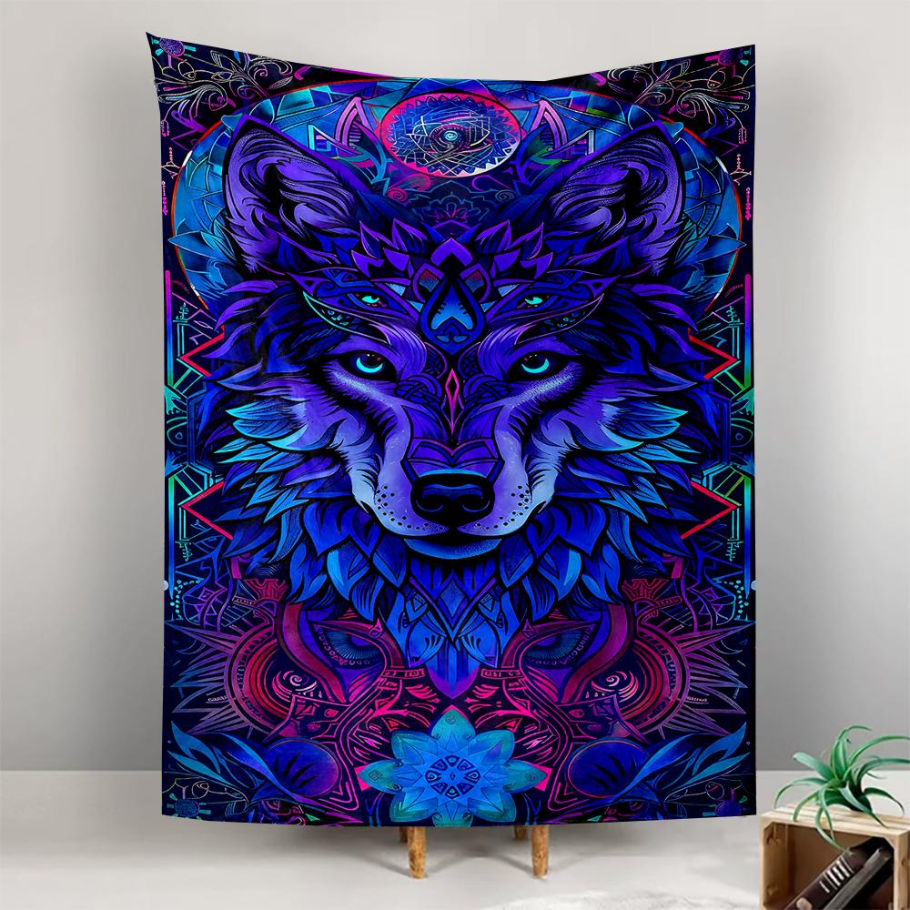 Mystical Neon Wolf with Geometric Patterns Patterned tapestry for bedroom and living room home decor
