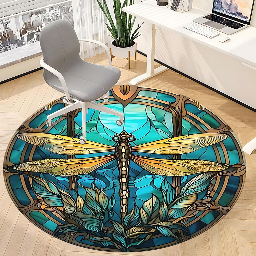 1PC Dragonfly StainedGlass Office Round Area Rug, Mat Suitable ForOffice, Under Office Chairs Bedroom Living Room Home Decor, Room Deco