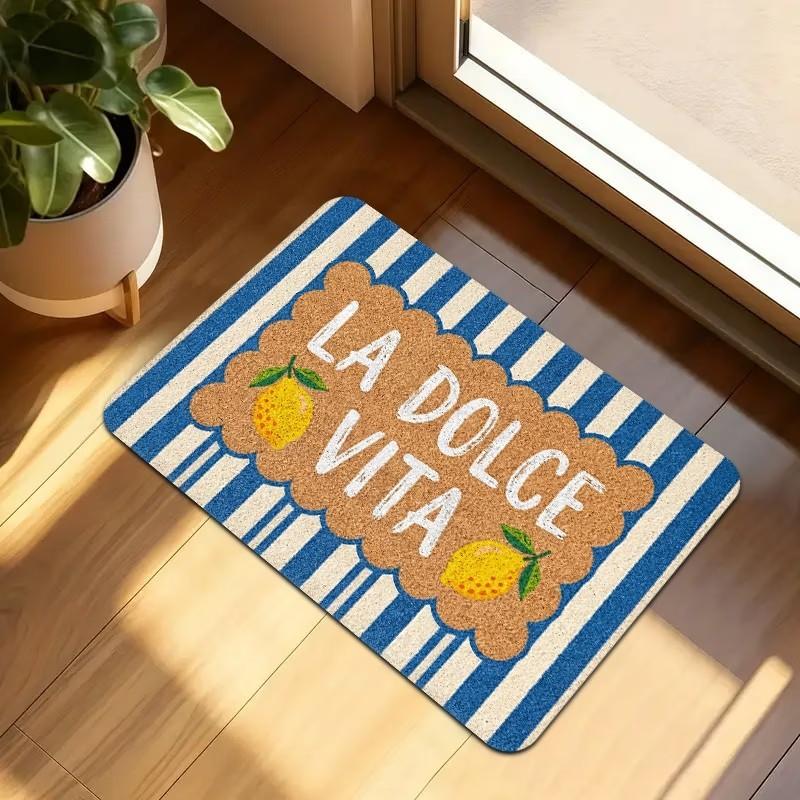 Tapis d'entrée italien La Dolce Vita Bienvenue Motif Citron Méditerranéen Tapis de sol Rayures Bleues et Blanches Tapis d'entrée Bienvenue 50x80cm