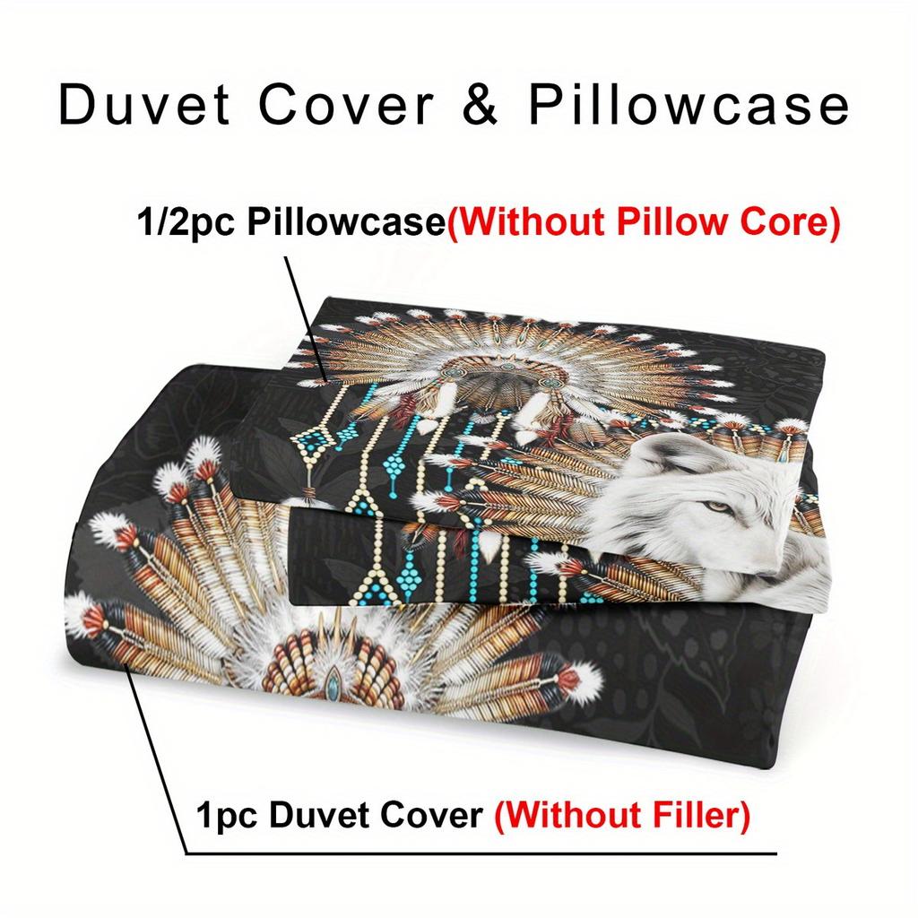3pcs Soft Comfortable Wolf Duvet Cover Sets King Western Tribe Wolf Bedding Set Animal Print Duvet Cover Sets for Bedroom