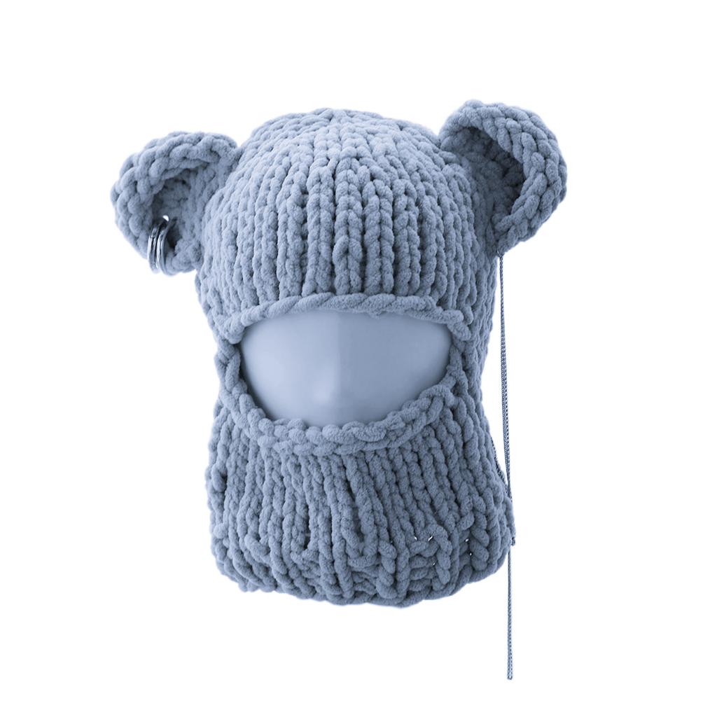 Knitting Balaclava Cap for Women Cute Bear Ears Plush Beanie Hat Handmade Face Cover Hat Crochet Hooded Hat for Party