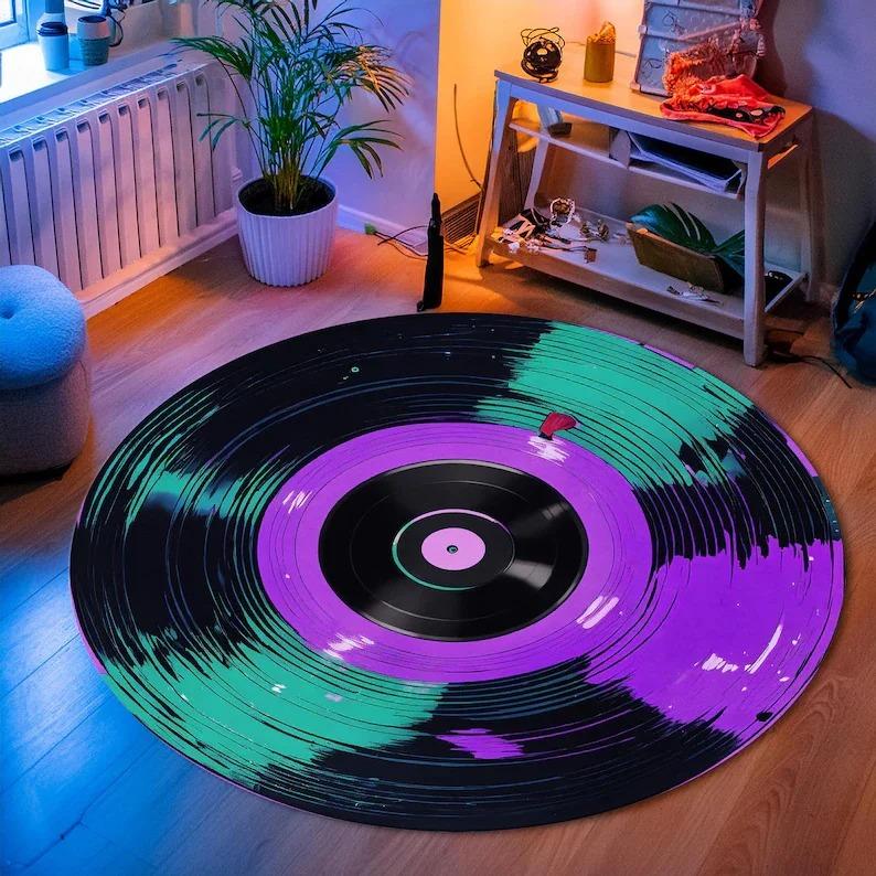 

Golden CD Round Area Rug Retro Music Art Design Soft Fluffy Luxury Living Room Bedroom Decorative Carpet 100cm