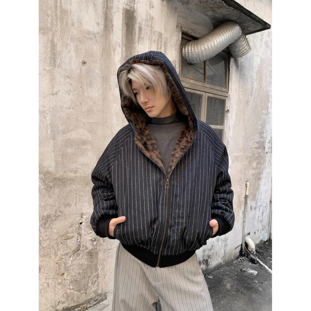 Black Leopard Print Retro Hooded Cotton Jacket with Vertical Stripes for Men & Women