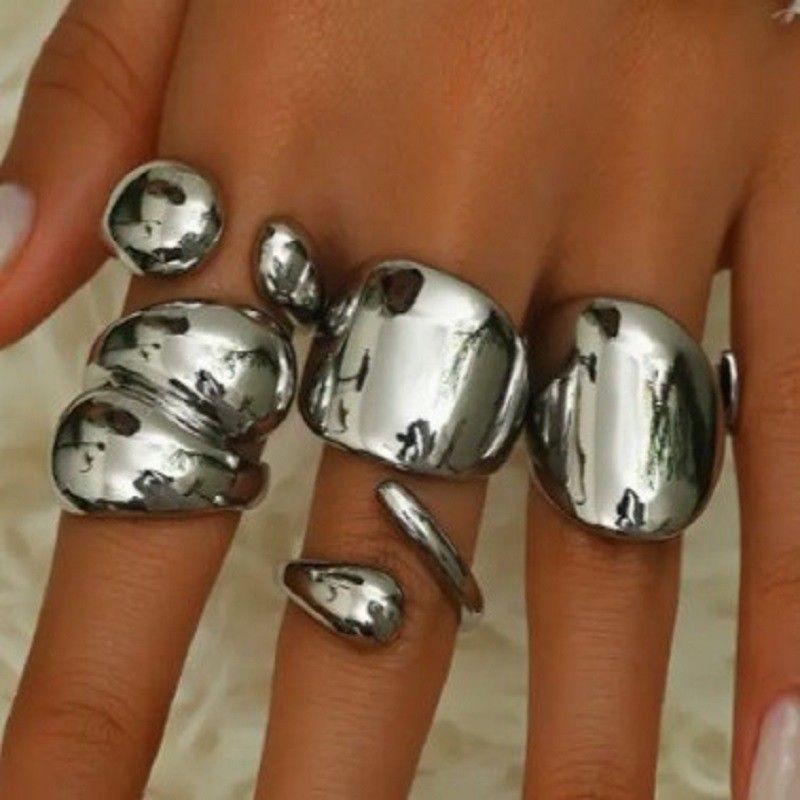 European & American Metal Texture Ring Set: Smooth, Exaggerated Geometric Open Rings for Women